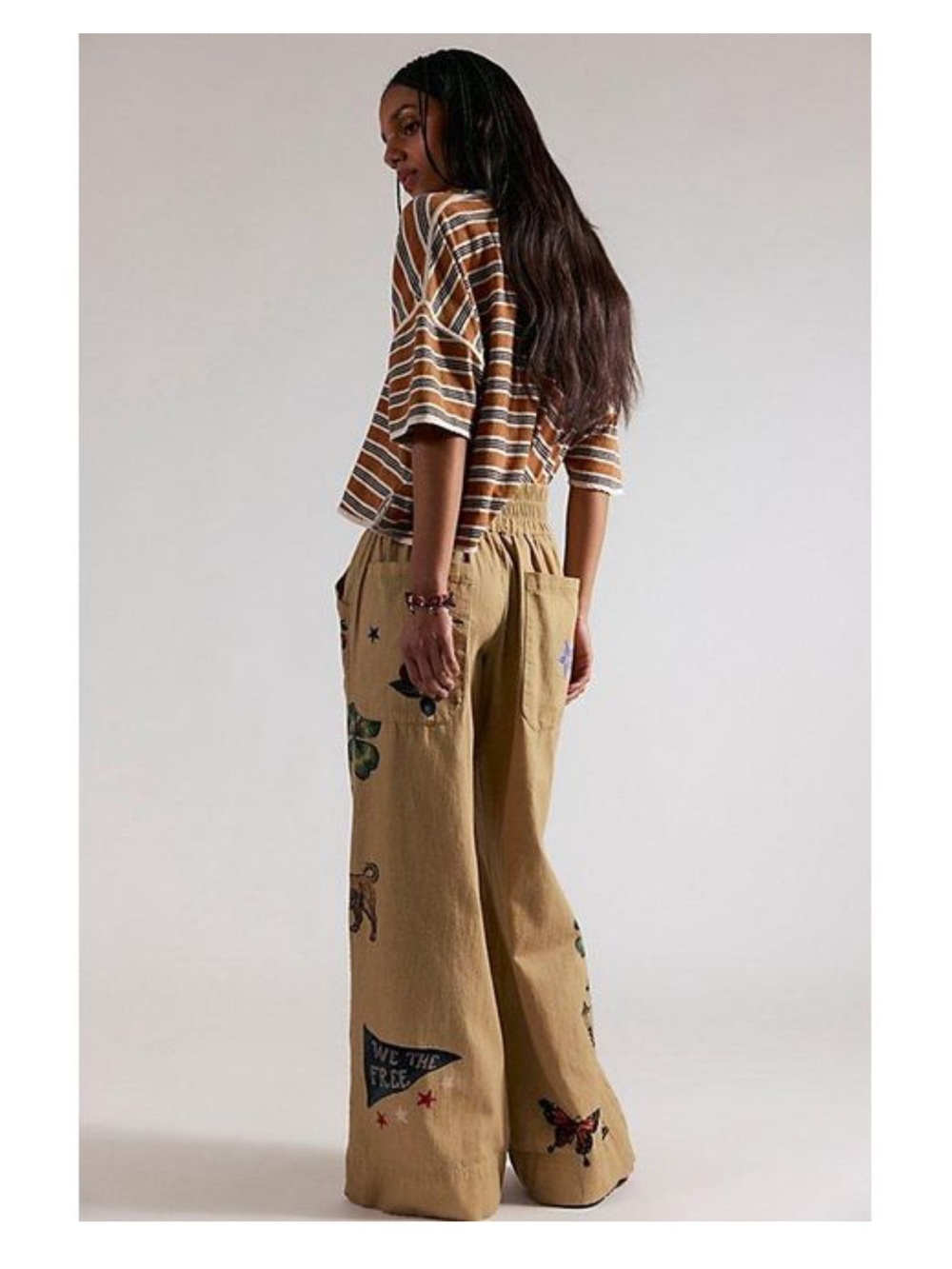 We The Free Breezy Printed Denim Pull On Jeans Size Medium Khaki Combo Pockets - Picture 2 of 16